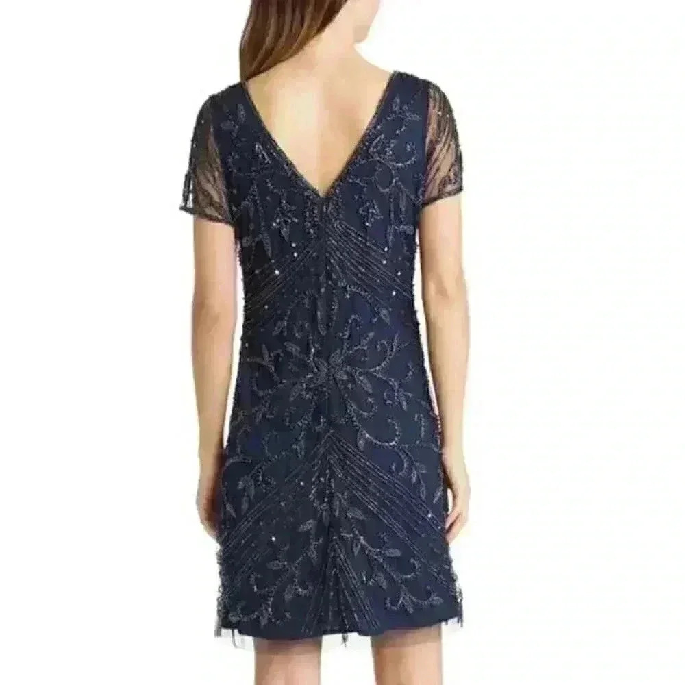 NEW PISARRO NIGHTS Beaded Double V-Neck Dress Navy Blue - Picture 2 of 12